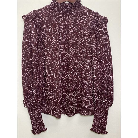 Max Studio Size Medium Ruffle Blouse Smocked Neck & Sleeves In Burgundy Boho - Picture 1 of 13